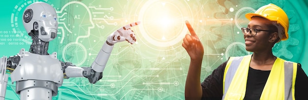 자동화 공장 산업을 위한 AI 기술을 사용하여 로봇 인공 지능을 갖춘 인간 작업자 엔지니어 함께하기 와이드 배너