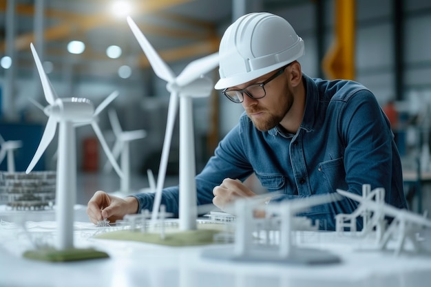 Engineer Innovating with Wind Turbine Mockups