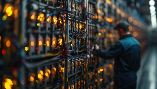 Photo engineer inspecting complex network server wiring