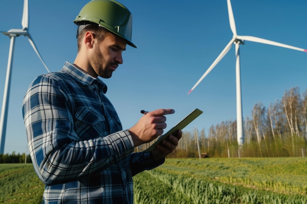 Engineer inspecting wind turbines