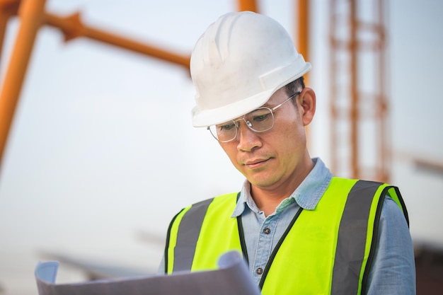 Engineer under inspection and checking construction process Engineer man in waistcoats and hardhats and with documents in construction site