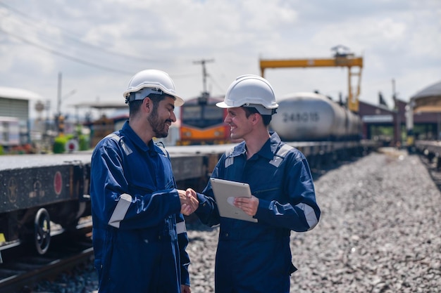 Engineer under inspection and checking construction process railway and checking work on railroad station Engineer wearing safety uniform and safety helmet in work