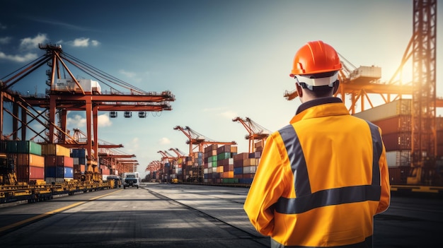 Engineer inspects cargo at container yard global logistics