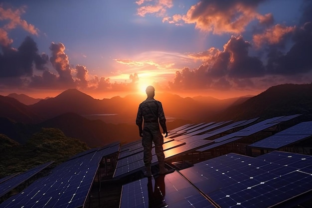 エンジニアが太陽電池発電システムをチェックしている
