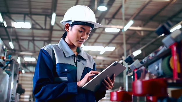 Engineer is using a tablet to check the machine's control system in a factory.