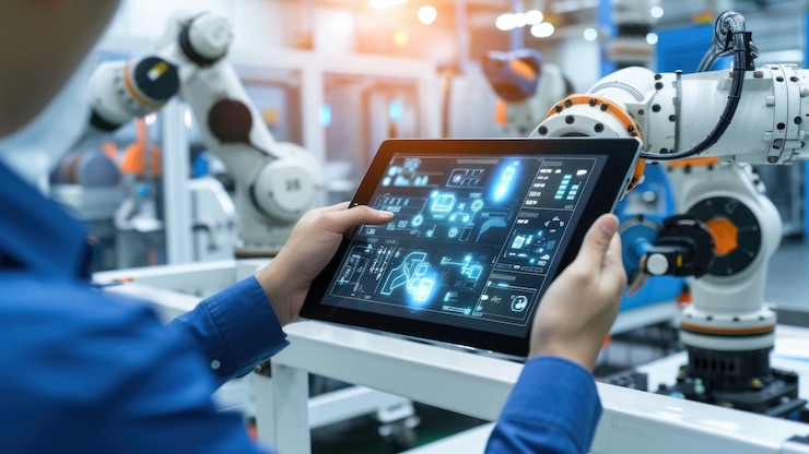 Photo an engineer is using a tablet to monitor live machine data in a smart factory automotive industrial industry 4th iot digital manufacturing operation