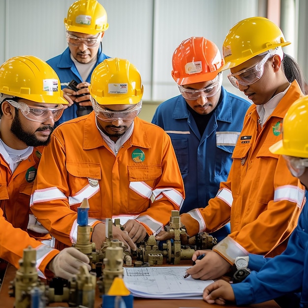 An engineer is working in a gas and oil industrial setting wearing a uniform and a safety cap