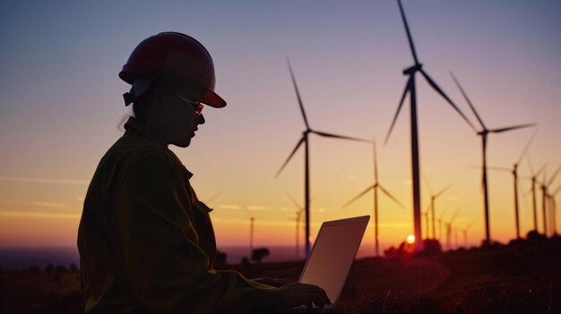 An engineer is working on a laptop at a wind farm