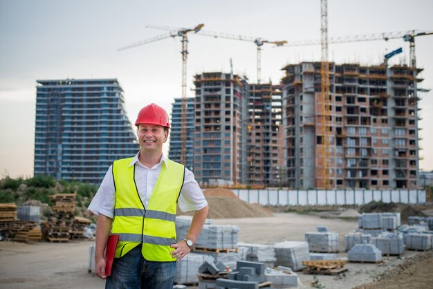 Engineer looking at camera on a construction site wearing reflective west working on housing project