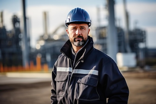 An engineer looking forward in a protective helmet