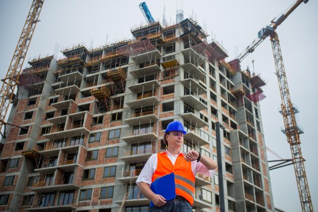 Photo engineer looking at his watch on a construction site in front of unfinished building