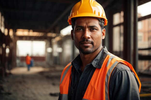 engineer looks forward in protective helmet and safety suit with building construction background