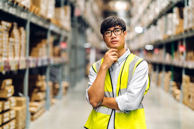 engineer man order details checking goods and supplies on shelves