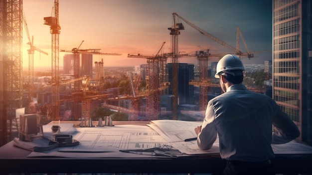 Photo engineer man in uniform and helmet working at project