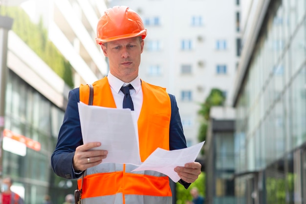 Engineer man walking and looking at pappers