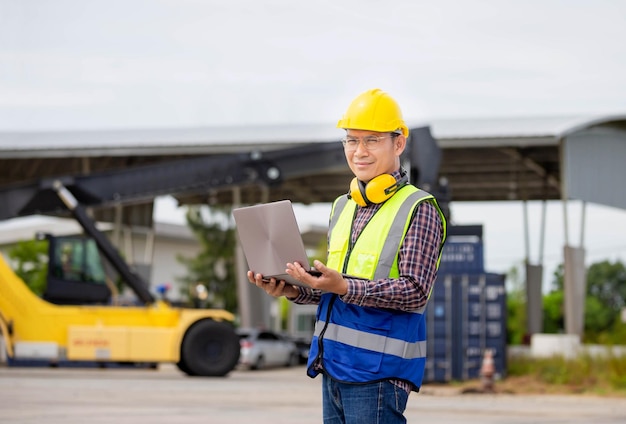 Engineer man with laptop checking and inspect the container Foreman in hardhat and safety vest checking containers box from cargo