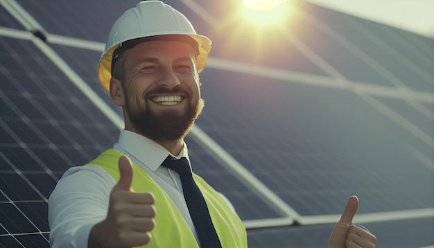 Engineer man with a smile checking the operation of the sun and the cleanliness of photovoltaic solar panels AI Generative