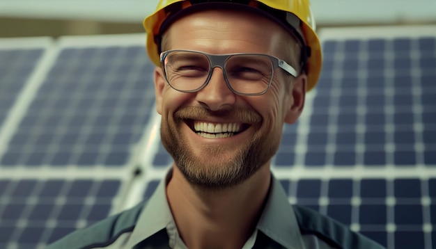 Engineer man with a smile checking the operation of the sun and the cleanliness of photovoltaic solar panels AI Generative