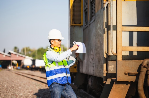 Engineer man working in cargo train platform Professional technician precheck freight trains Technician controls the correctness of the freight car Safety concepts