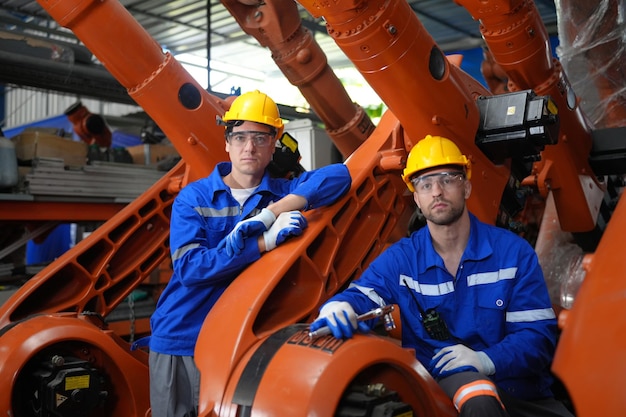 Engineer Man working at industrial robot in factory industrial robotics and digital manufacturing operation