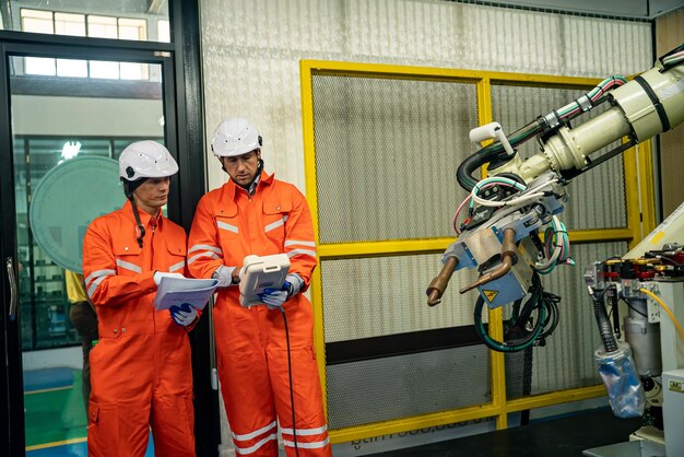 Engineer Man working at industrial robot in factory industrial robotics and digital manufacturing operation