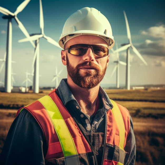 Engineer man working renewable wind energy plant generative ai