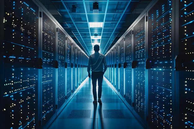 engineer manager connecting data center networking in server room with storage systems for internet network business concept data center networking server room setup storage systems