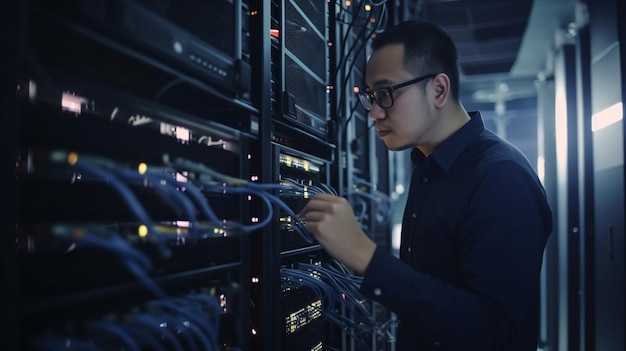 Foto engineer manager connecting data center op global networking in server room of storage systems en data connect op internet network business generative ai
