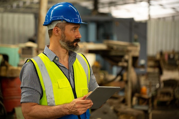 Fabbrica del manager dell'ingegnere che utilizza un tablet per controllare il suo lavoro nella linea di produzione. controllo dell'uomo d'affari e pianificare la sua carriera lavorativa.