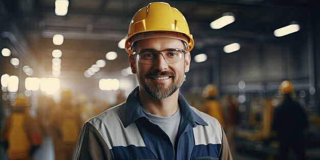 Engineer manager leader wearing helmet holding tablet looking at camera at manufacturing factory