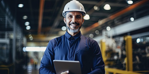 Photo engineer manager leader wearing helmet holding tablet looking at camera at manufacturing factory