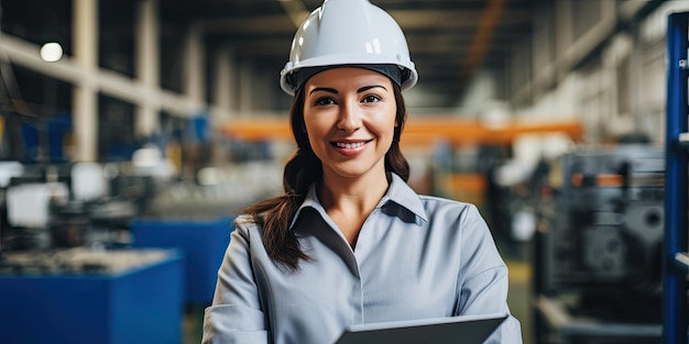製造工場でカメラを見てタブレットを保持しているヘルメットをかぶったエンジニア マネージャー リーダーの女性