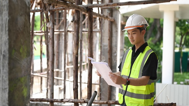 Engineer manager wearing safety vest and helmet standing at construction site