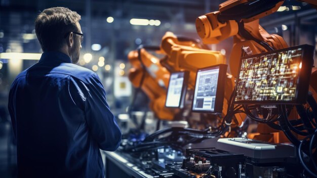 Engineer monitoring automated welding robotics in a manufacturing plant