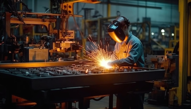 Engineer monitors and controls automated welding arms in hightech factory Generative AI