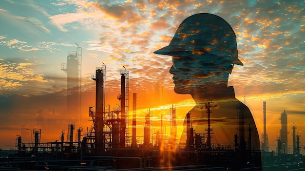 Photo engineer at oil refinery with safety helmet industrial concept