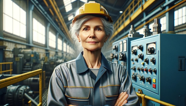 engineer old man wearing uniform and safety hard hat on factory station