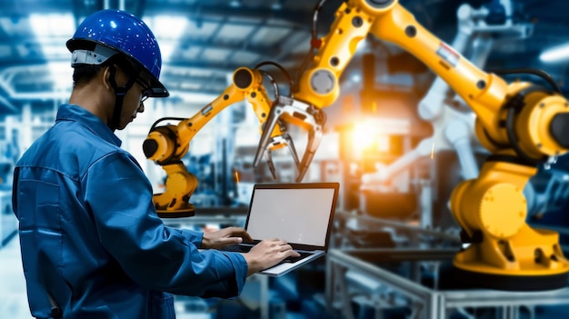 An engineer operates robotic arms using a laptop in an industrial factory Robotics Engineering Technology concept