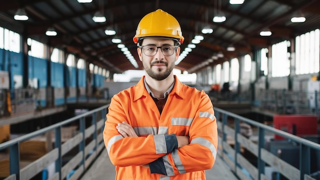 Engineer in orange uniform and yellow helmet looks confident