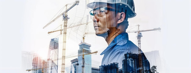 An engineer overlaid on a construction site with cranes Engineering vision meets industrial reality Construction Engineering Industrial concept