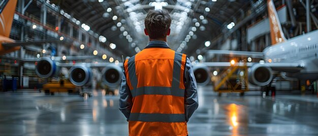 Engineer Overlooking Aircraft Assembly Line Concept Aircraft Manufacturing Engineering Innovation Quality Control in Aerospace Inspection Procedures