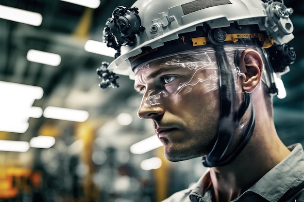 Engineer portrait in factory production line with wondrous double exposure