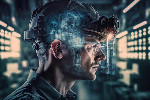 Engineer portrait in factory production line with wondrous double exposure