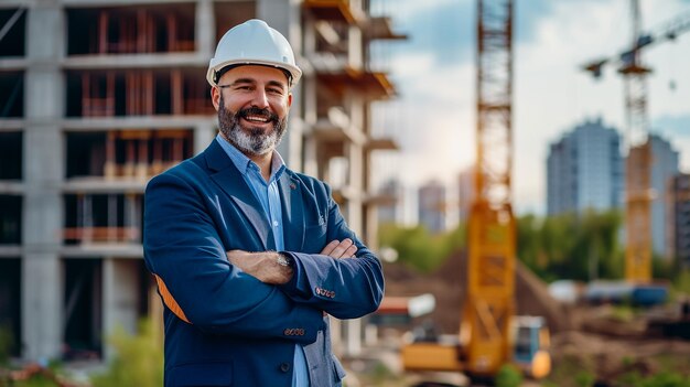 Foto un ingegnere che posa davanti alla costruzione dell'edificio in cui lavora