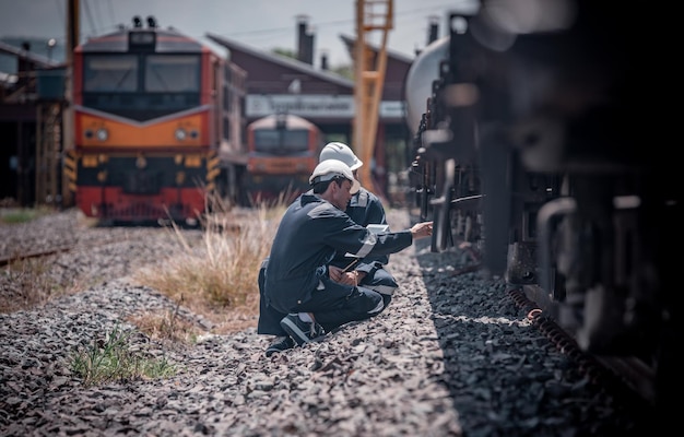 Engineer railway under inspection and checking construction railway switch and maintenance work