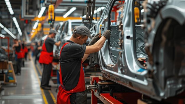 Engineer in red shirt working on vehicle in factory AIG41