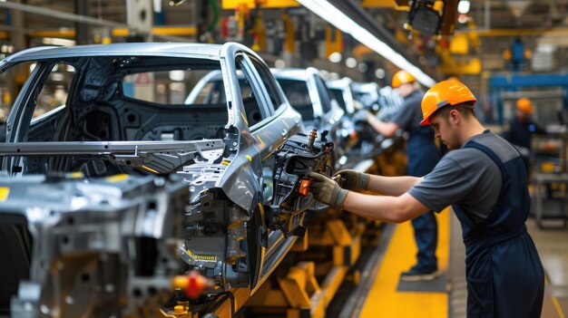 Engineer in red shirt working on vehicle in factory AIG41