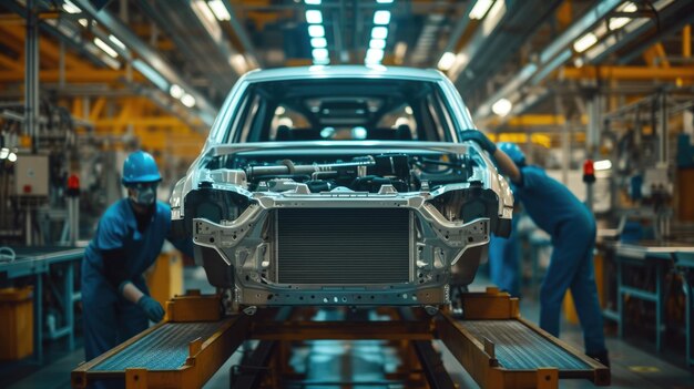 Engineer in red shirt working on vehicle in factory AIG41