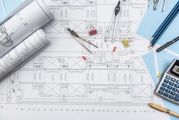 Engineer's drawing with different tools top view. Technical concept