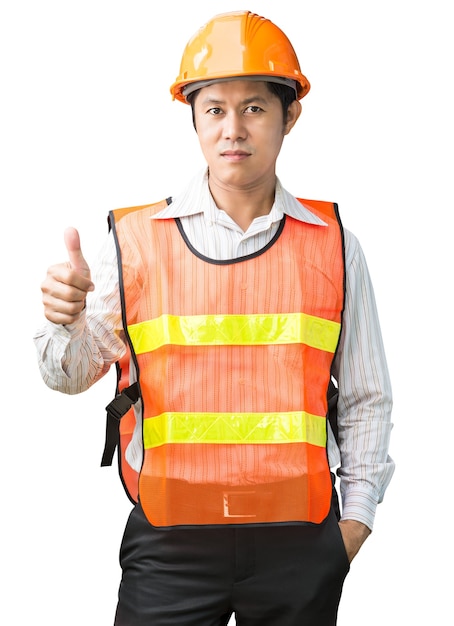 Photo engineer in safety vest on white background